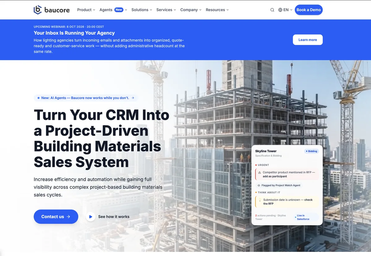 The baucore.app homepage: "Turn Your CRM Into a Project-Driven Building Materials Sales System".