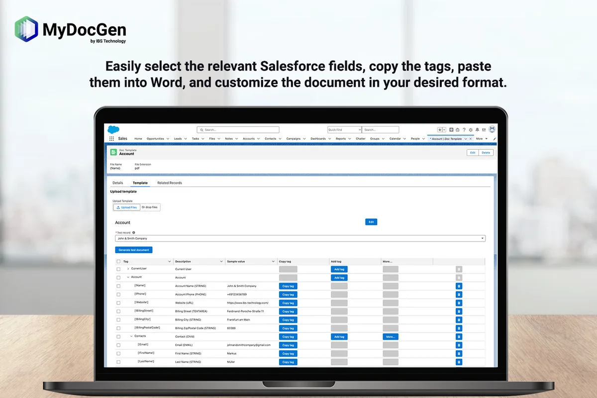 MyDocGen: selecting Salesforce fields to generate a document template, with a live preview of the tag values.