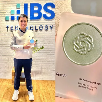 Donny Riyadi Santoso, CEO of IBS Technology, holding the OpenAI award, and a close-up of the plaque: IBS Technology GmbH, honored for passing 10 Billion Tokens