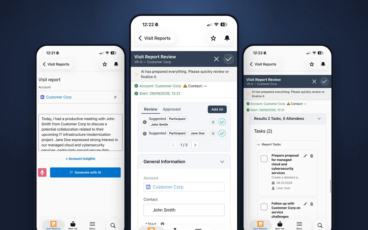 SalesExt's AI-drafted visit report: suggested participants, tasks and account details ready to review and approve.